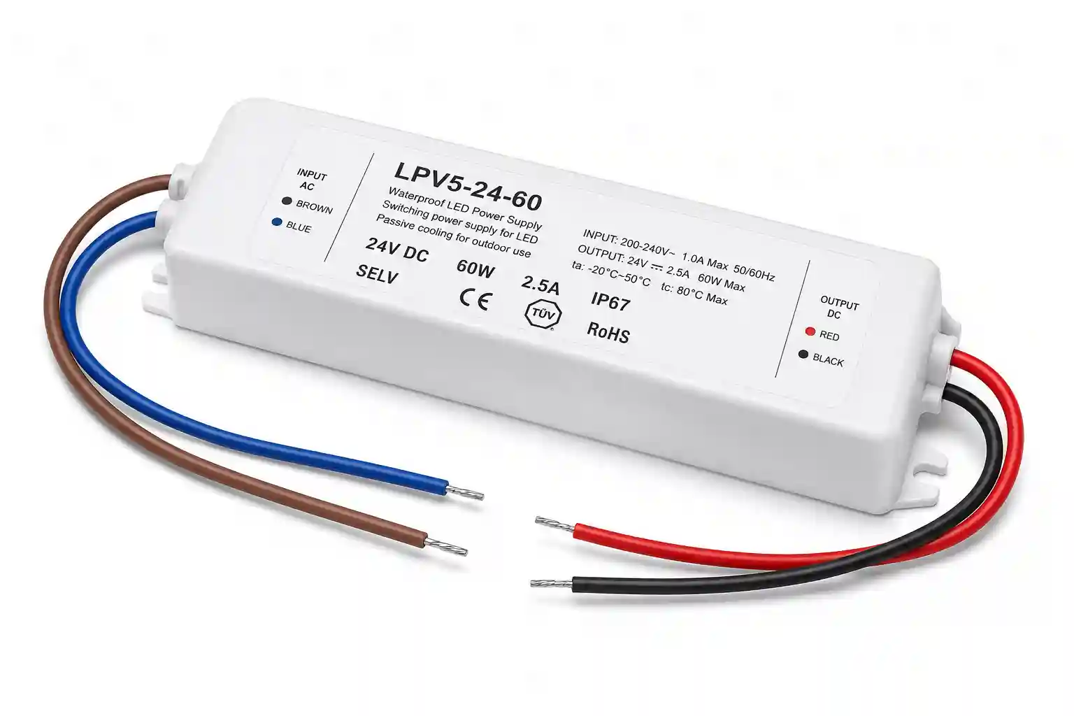 Voděodolný LED napájecí zdroj 24V 60W IP67 spínaný zdroj s pasivním chlazením a kabely pro venkovní LED pásky